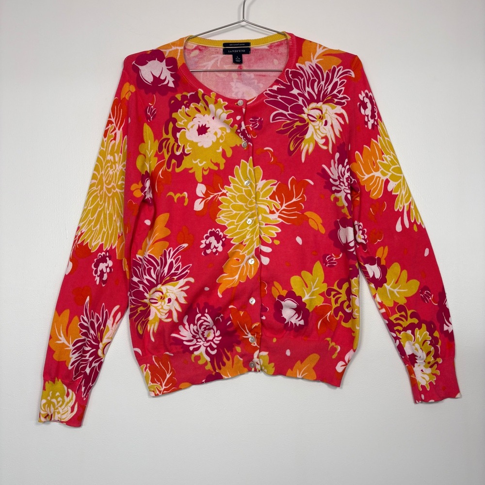 Lands End Women Cardigan L 14-16 Pink Floral Supima Cotton‎ Button Front Sweater